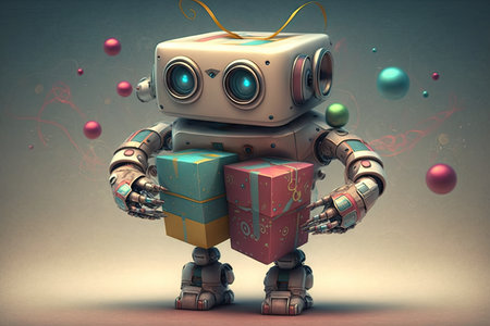 robot with gift box full of gadgets, ready to surprise its owner, created with generative aiの素材