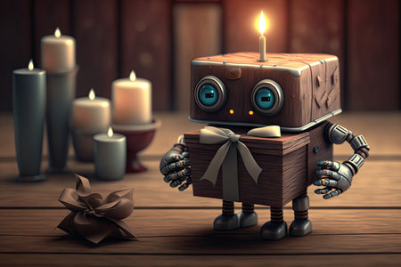 cute robot with gift box and candle on a wooden table, created with generative aiの素材