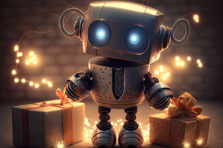 cute robot with gift box, surrounded by festive decorations and lights, created with generative aiの素材