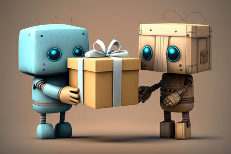 cute robot presenting gift to friend, with a bow on top of the box, created with generative aiの素材
