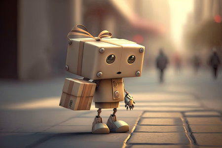 cute robot walking down the street with gift box in hand, bringing joy and surprise to friends and strangers, created with generative aiの素材