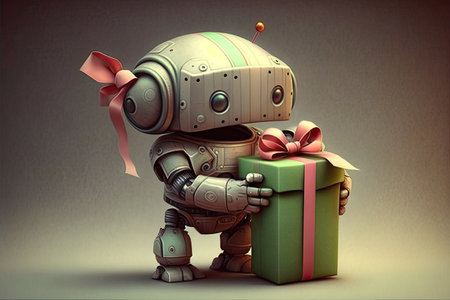 cute robot wrapping present and putting bow on top, created with generative aiの素材