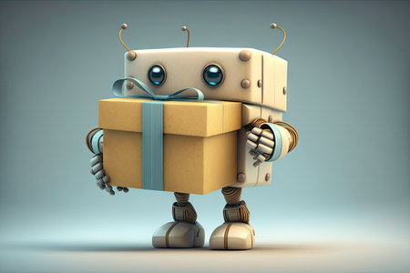cute robot with wrapped gift box in hand, ready to deliver its precious contents, created with generative aiの素材