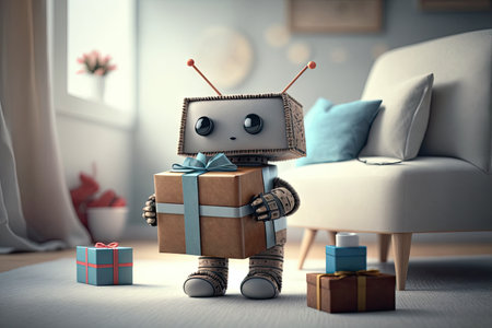cute robot, with gift box and wrapped present on the table in living room, created with generative aiの素材