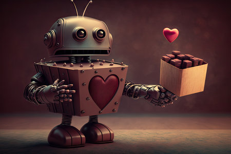 cute robot presenting heart-shaped box of chocolates on special occasion, created with generative aiの素材