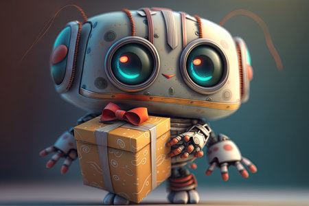 close-up of robot with cute face and wrapped gift box in hand, created with generative aiの素材
