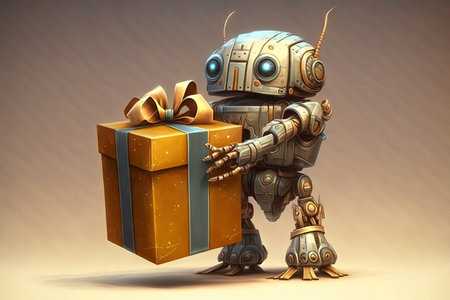 cute robot presenting beautifully wrapped gift box, created with generative aiの素材
