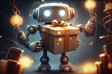 a robot with a gift box, surrounded by festive lights and ribbons, created with generative aiの素材