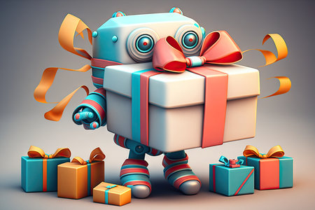 cute robot wrapping gift box with colorful ribbons and bows, created with generative aiの素材