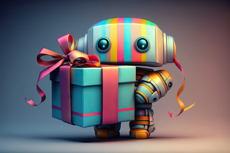 cute robot wrapping gift box with colorful ribbons and bows, created with generative aiの素材