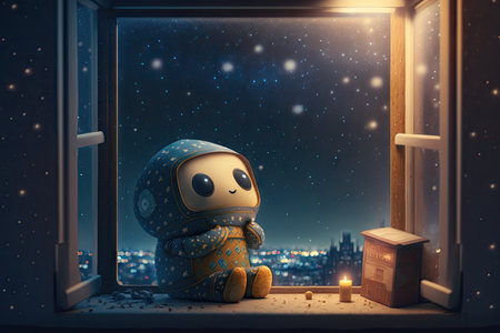 cute robot, sitting on window sill, with view of starry night sky, created with generative aiの素材