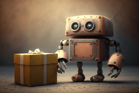 cute robot with gift box and mysterious present, ready to surprise, created with generative aiの素材