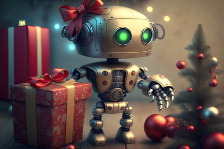 christmas setting with cute robot holding gift box and mistletoe in the background, created with generative aiの素材
