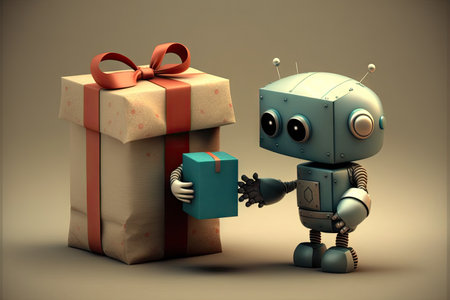 cute robot presenting wrapped gift box to person, created with generative aiの素材