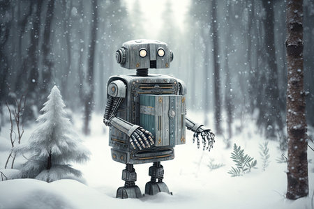 robot stands on the side of a snowy forest, with gift box in hand, created with generative aiの素材