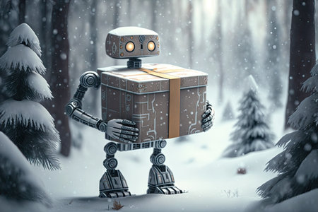 robot stands on the side of a snowy forest, with gift box in hand, created with generative aiの素材