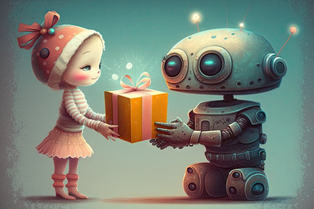 cute robot giving present to female friend on her birthday, created with generative aiの素材