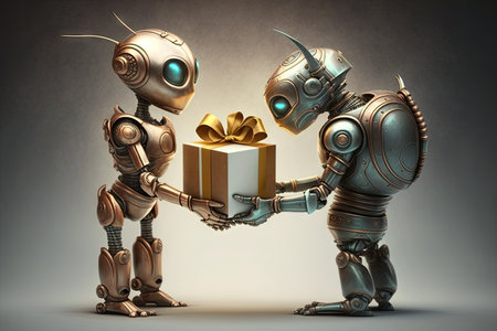 robot presenting beautifully wrapped gift box to its lover, created with generative aiの素材