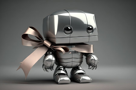 cute robot wrapping present with delicate silver ribbon, created with generative aiの素材