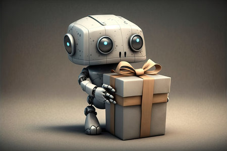 cute robot wrapping present with delicate silver ribbon, created with generative aiの素材