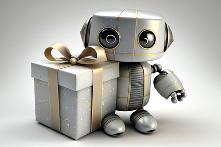 cute robot wrapping present with delicate silver ribbon, created with generative aiの素材