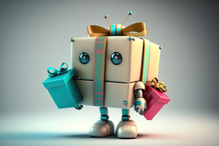 close-up of cute robot, with colorful gift box and bow in hand, created with generative aiの素材