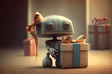 cute robot wrapping gift box with ribbon, preparing for surprise present, created with generative aiの素材
