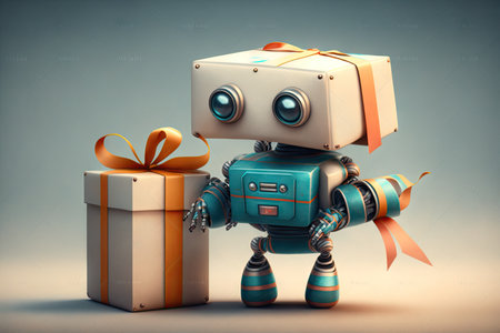 cute robot wrapping gift box with ribbon, preparing for surprise present, created with generative aiの素材