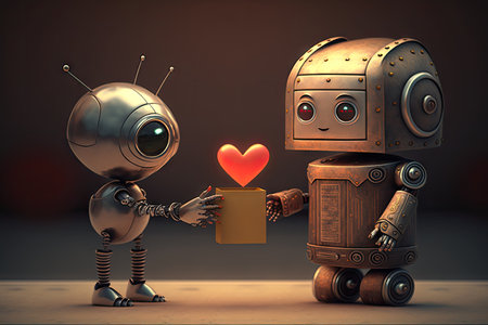 robot presenting gift box to friend, with handwritten card and heart-shaped gift inside, created with generative aiの素材