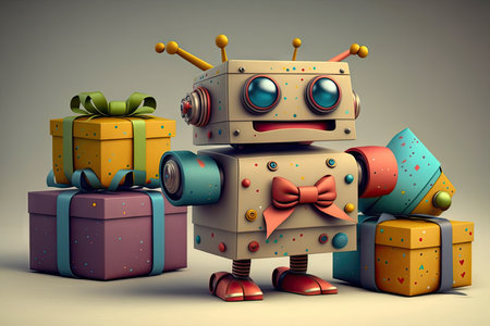 cute robot wrapping gifts with colorful paper and bows, created with generative aiの素材