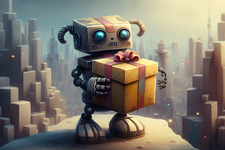 cute robot presenting a gift box with holiday or birthday gifts on the background of futuristic city, created with generative aiの素材