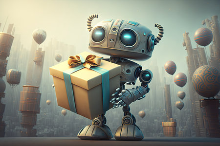 cute robot presenting a gift box with holiday or birthday gifts on the background of futuristic city, created with generative aiの素材