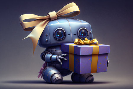 cute robot wrapping gift box with decorative bow, created with generative aiの素材