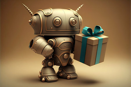 cute robot wrapping gift box with decorative bow, created with generative aiの素材