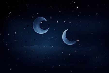 the dark blue backdrop of the night sky with shining stars and a crescent moon, created with generative aiの素材