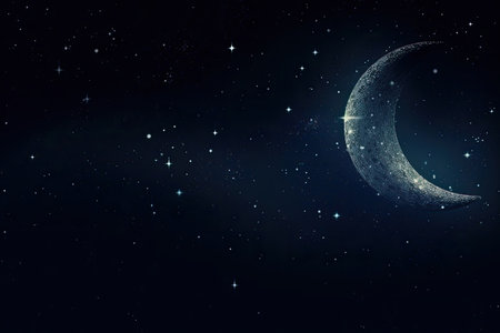 the dark blue backdrop of the night sky with shining stars and a crescent moon, created with generative aiの素材