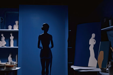 studio, with dark blue backdrop and silhouette of womans figure, created with generative aiの素材