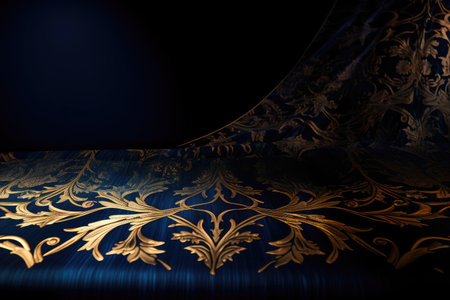dark blue backdrop with intricate gold pattern against the background of velvet, created with generative aiの素材