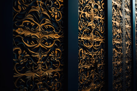 dark blue wall with intricate gold filigree, created with generative aiの素材