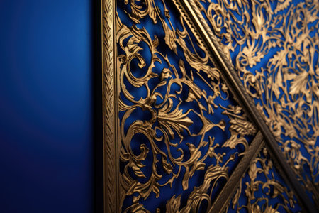 dark blue wall with intricate gold filigree, created with generative aiの素材