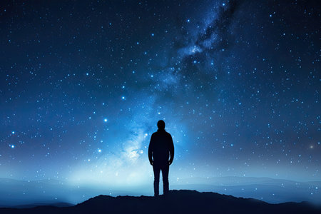 person, surrounded by dark blue backdrop, looking out at beautiful night sky with stars shining, created with generative aiの素材