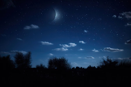 dark blue night sky with stars and moon visible, created with generative aiの素材