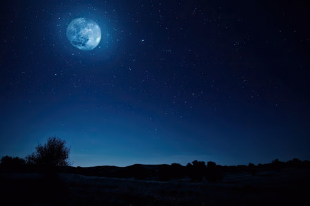 dark blue sky with bright stars and the moon visible in the night sky, created with generative aiの素材