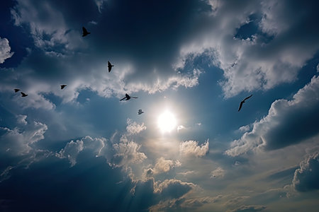 dark blue sky, with clouds and sun shining through, and birds flying in the foreground, created with generative aiの素材