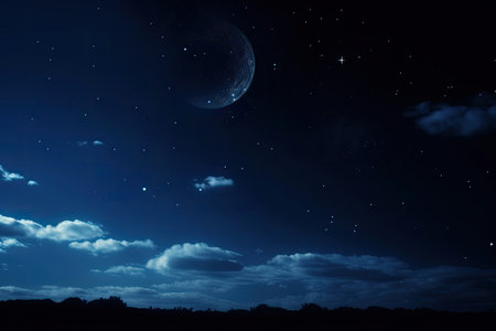 dark blue night sky, with stars and moon shining, created with generative aiの素材
