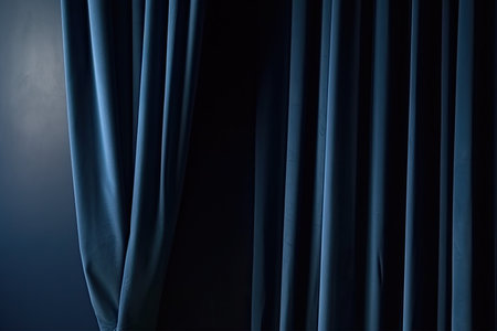 curtain setting, with dark blue backdrop and drapes, against window view, created with generative aiの素材