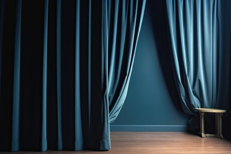 curtain setting, with dark blue backdrop and drapes, against window view, created with generative aiの素材
