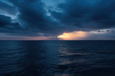 dark blue oceans and sky, with sunsets for a dramatic and peaceful scene, created with generative aiの素材