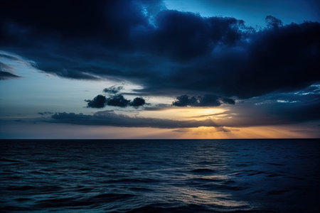 dark blue oceans and sky, with sunsets for a dramatic and peaceful scene, created with generative aiの素材