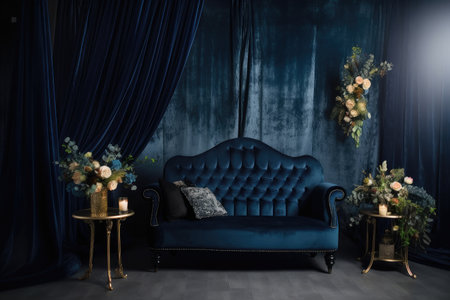 dark blue velvet backdrop for luxurious look, created with generative aiの素材